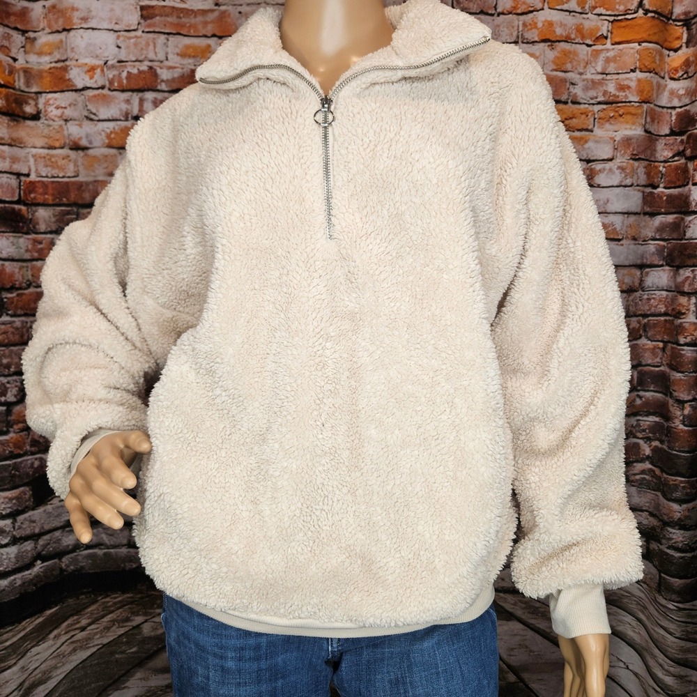 Express One Eleven Women XS Cream Sherpa Fleece Quarter Zip Pullover 400304